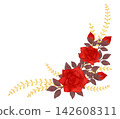 Hand drawn floral corner with red roses and golden branches 142608311