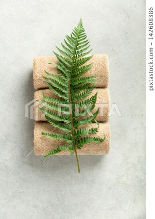 Spa Towels with Green Fern on Light Minimal Background Spa Towels with Green Fern on Light Minimal Background 142608386