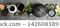 Asian Tea Ceremony Banner with Natural Ingredients on Dark Stone 142608389
