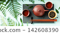 Modern Asian Tea Ceremony Banner with Red Teapot and Cups 142608390
