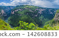 Panoramic landscape showing Sumidero Canyon cliffs and the Grijalva River in Chiapas Mexico with steep canyon walls lush landscape river overlook nature tourism and looking across the canyon. 142608833