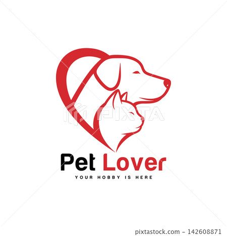 Pet lover logo design with heart shape and cat and dog silhouette isolated on white background 142608871