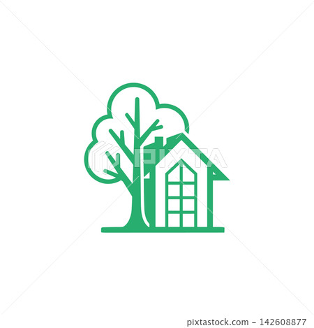 Green icon of a house with a tree next to it, minimalist vector illustration representing ecofriendly living and sustainable architecture 142608877