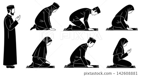 Muslim prayer positions silhouette set isolated on white background Muslim prayer positions silhouette set isolated on white background 142608881