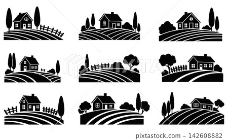 Set of rural landscape icons with houses, fields, trees, and fences, vector illustration Set of rural landscape icons with houses, fields, trees, and fences, vector illustration 142608882