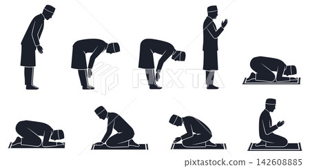 Set of muslim man performing prayer positions, silhouettes of islamic prayer steps isolated on white background Set of muslim man performing prayer positions, silhouettes of islamic prayer steps isolated on white background 142608885