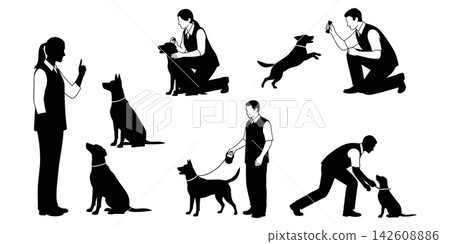 Set of dog training silhouettes, people training and interacting with dogs isolated on white background Set of dog training silhouettes, people training and interacting with dogs isolated on white background 142608886