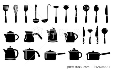 Set of kitchen utensils and cookware icons, including spatulas, whisks, ladles, pots, and pans, isolated on white background Set of kitchen utensils and cookware icons, including spatulas, whisks, ladles, pots, and pans, isolated on white background 142608887