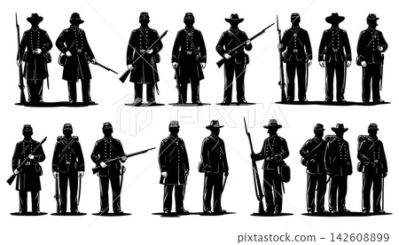 American civil war soldiers silhouette set, vintage military uniforms and rifles, vector illustration American civil war soldiers silhouette set, vintage military uniforms and rifles, vector illustration 142608899