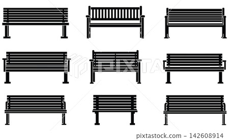 Set of various park bench silhouettes, isolated on white background Set of various park bench silhouettes, isolated on white background 142608914