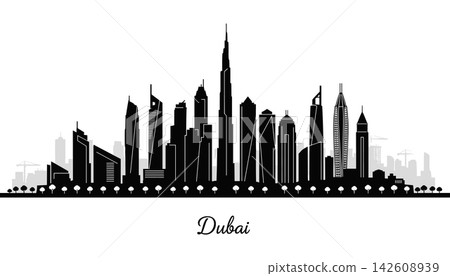 Detailed silhouette of dubai city skyline with famous skyscrapers Detailed silhouette of dubai city skyline with famous skyscrapers 142608939