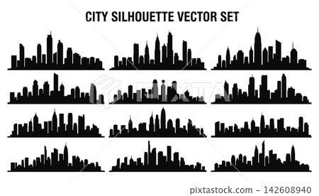 Set of city skyline silhouettes, collection of urban landscapes, modern buildings and skyscrapers vector illustrations isolated on white background Set of city skyline silhouettes, collection of urban landscapes, modern buildings and skyscrapers vector illustrations isolated on white background 142608940