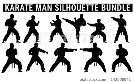 Karate man silhouette bundle, collection of martial arts poses, fighter in action, vector illustrations isolated on white background Karate man silhouette bundle, collection of martial arts poses, fighter in action, vector illustrations isolated on white background 142608941