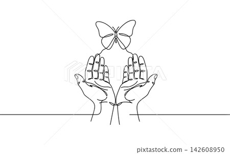Continuous line drawing of human hands holding a butterfly isolated on white background Continuous line drawing of human hands holding a butterfly isolated on white background 142608950