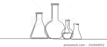Continuous line drawing of laboratory glassware set, including beakers and flasks, representing scientific research and chemical experiments Continuous line drawing of laboratory glassware set, including beakers and flasks, representing scientific research and chemical experiments 142608952