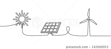 Continuous line drawing of renewable energy sources, including sun, solar panel, and wind turbine, representing sustainable power Continuous line drawing of renewable energy sources, including sun, solar panel, and wind turbine, representing sustainable power 142608953
