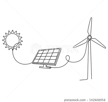 Continuous line drawing of solar panel and wind turbine, renewable energy concept, ecofriendly power generation, sustainable technology illustration Continuous line drawing of solar panel and wind turbine, renewable energy concept, ecofriendly power generation, sustainable technology illustration 142608958