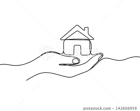 Continuous line drawing of a hand holding a house, real estate and home protection concept, safe housing and property insurance illustration Continuous line drawing of a hand holding a house, real estate and home protection concept, safe housing and property insurance illustration 142608959