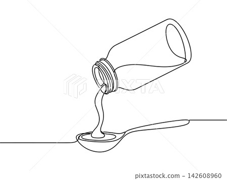 Continuous line drawing of a bottle pouring liquid into a spoon, medicine or syrup dosage concept, healthcare and pharmacy illustration Continuous line drawing of a bottle pouring liquid into a spoon, medicine or syrup dosage concept, healthcare and pharmacy illustration 142608960