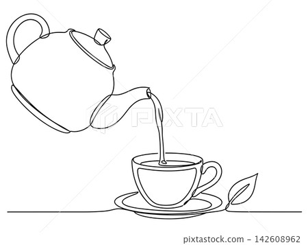 Continuous one line drawing of a teapot pouring tea into a cup isolated on white background 142608962