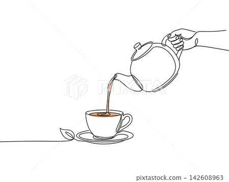 Continuous one line drawing of a hand holding a teapot pouring tea into a cup isolated on white background Continuous one line drawing of a hand holding a teapot pouring tea into a cup isolated on white background 142608963
