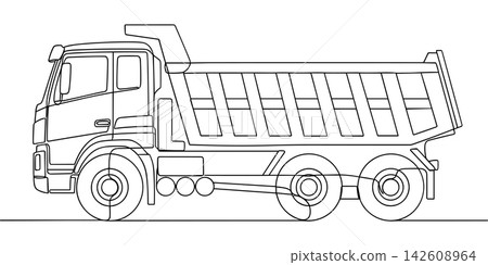 Continuous line drawing of a heavy dump truck for construction work, isolated on white background Continuous line drawing of a heavy dump truck for construction work, isolated on white background 142608964