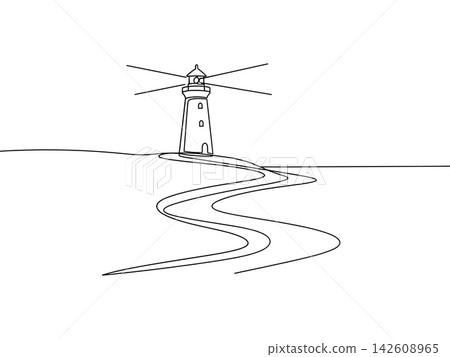 Continuous line drawing of a lighthouse on a coast, isolated on white background Continuous line drawing of a lighthouse on a coast, isolated on white background 142608965