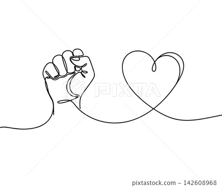 Continuous line drawing of a raised fist and a heart shape isolated on white background Continuous line drawing of a raised fist and a heart shape isolated on white background 142608968