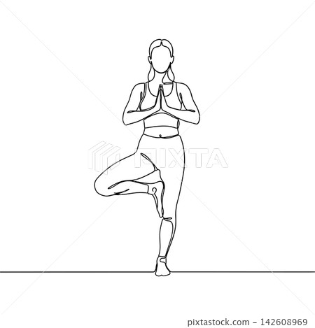 Continuous line drawing of a woman practicing yoga in tree pose isolated on white background Continuous line drawing of a woman practicing yoga in tree pose isolated on white background 142608969