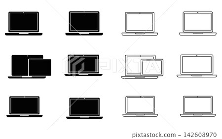 Set of laptop icons, computer monitor symbols, flat and line style, digital device collection, isolated on white background Set of laptop icons, computer monitor symbols, flat and line style, digital device collection, isolated on white background 142608970
