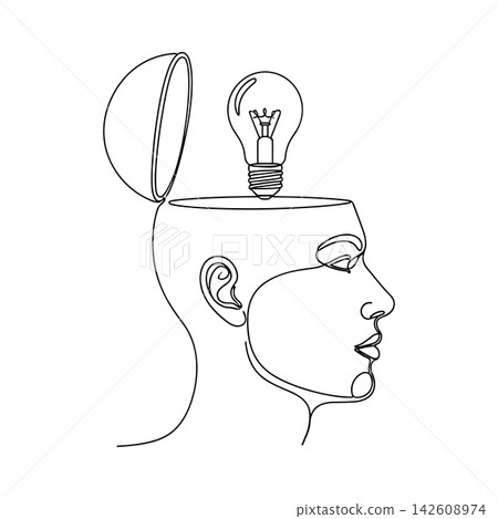 Continuous line drawing of a human head with a light bulb isolated on white background Continuous line drawing of a human head with a light bulb isolated on white background 142608974