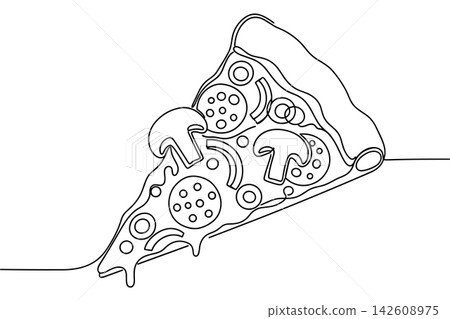 Continuous line drawing of a pizza slice isolated on white background Continuous line drawing of a pizza slice isolated on white background 142608975