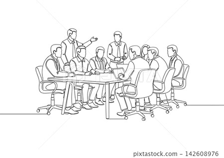 Continuous one line drawing of a business meeting with a group of professionals sitting around a conference table isolated on white background 142608976
