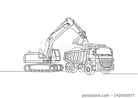 Continuous one line drawing of an excavator loading soil into a dump truck at a construction site isolated on white background Continuous one line drawing of an excavator loading soil into a dump truck at a construction site isolated on white background 142608977