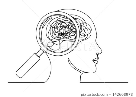 Continuous one line drawing of a human head profile with a magnifying glass examining a tangled brain isolated on white background Continuous one line drawing of a human head profile with a magnifying glass examining a tangled brain isolated on white background 142608978