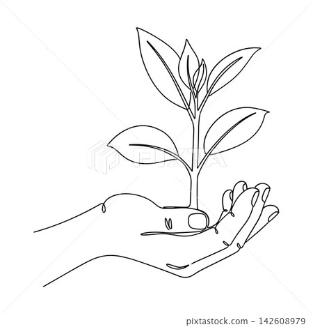 Continuous one line drawing of hand holding a small plant, nature conservation and environmental protection concept, isolated on white background Continuous one line drawing of hand holding a small plant, nature conservation and environmental protection concept, isolated on white background 142608979