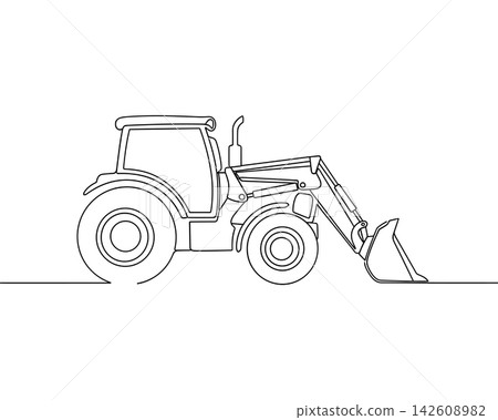 Continuous line drawing of a tractor with a front loader, agricultural machinery, farm equipment, minimalist vector illustration isolated on white background Continuous line drawing of a tractor with a front loader, agricultural machinery, farm equipment, minimalist vector illustration isolated on white background 142608982
