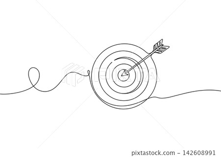 Continuous line drawing of a target with an arrow hitting the center isolated on white background Continuous line drawing of a target with an arrow hitting the center isolated on white background 142608991