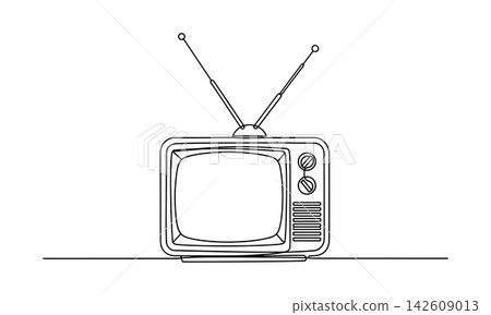 Continuous line drawing of a vintage retro television set with antennas, old fashioned tv receiver, minimalist style illustration isolated on white background Continuous line drawing of a vintage retro television set with antennas, old fashioned tv receiver, minimalist style illustration isolated on white background 142609013