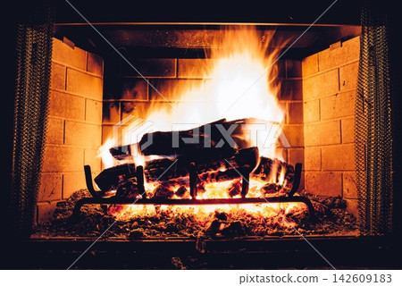 burning fireplace in a fireplace burning fireplace in a fireplace 142609183