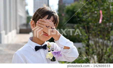 Schoolboy Covering His Face with Hand-Drawn Closed Eyes, Back to School Emotions, September 1, School Stress, Humor and Childhood Creativity Schoolboy Covering His Face with Hand-Drawn Closed Eyes, Back to School Emotions, September 1, School Stress, Humor and Childhood Creativity 142609333