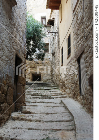 Old European village alley with stone steps and aged walls Old European village alley with stone steps and aged walls 142609448