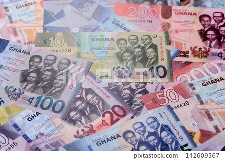 Ghana, Ghanaian paper money, cedi banknotes as currency for exchange or travel. Ghana money 142609567
