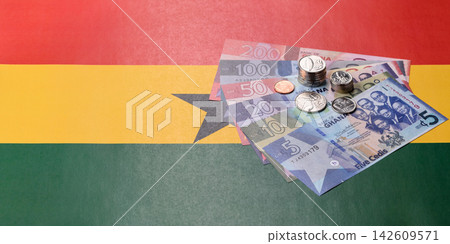 Ghana, Ghanaian paper money, cedi banknotes as currency for exchange or travel. Ghana money Ghana, Ghanaian paper money, cedi banknotes as currency for exchange or travel. Ghana money 142609571