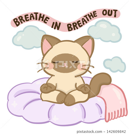 Cute Chibi Siamese Cat Meditating on Cozy Cushion Breathe In Breathe Out Mental Health Awareness Self Care Mindfulness Anxiety Relief Illustration Cute Chibi Siamese Cat Meditating on Cozy Cushion Breathe In Breathe Out Mental Health Awareness Self Care Mindfulness Anxiety Relief Illustration 142609842