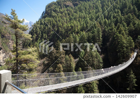 Hillary suspension bridge view along EBC trek, Nepal Hillary suspension bridge view along EBC trek, Nepal 142609907