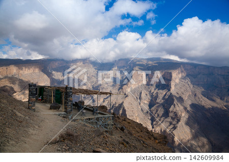 Panoramic hiking trail views of Jabal Shams canyon, Grand Canyon of Oman landscape Panoramic hiking trail views of Jabal Shams canyon, Grand Canyon of Oman landscape 142609984