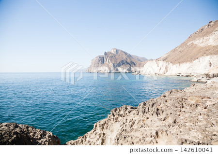 Mughsail beach landscape, Oman coastal panorama Mughsail beach landscape, Oman coastal panorama 142610041