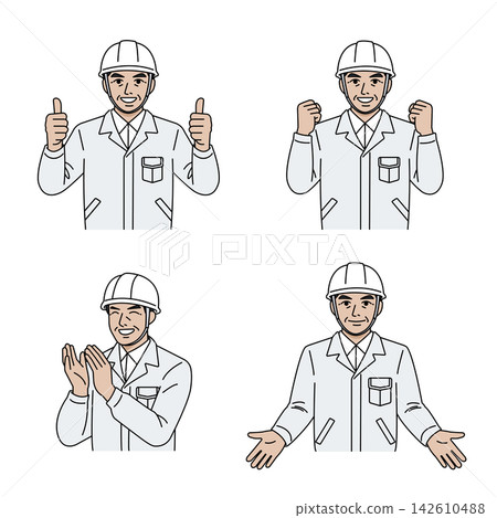 Male boss, helmet, white work uniform (4-piece set), thumbs up, victory pose, applause, welcome. Male boss, helmet, white work uniform (4-piece set), thumbs up, victory pose, applause, welcome. 142610488