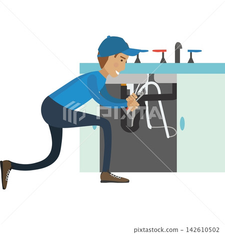 Plumber repairing pipes from leaks under kitchen sink vector icon Plumber repairing pipes from leaks under kitchen sink vector icon 142610502